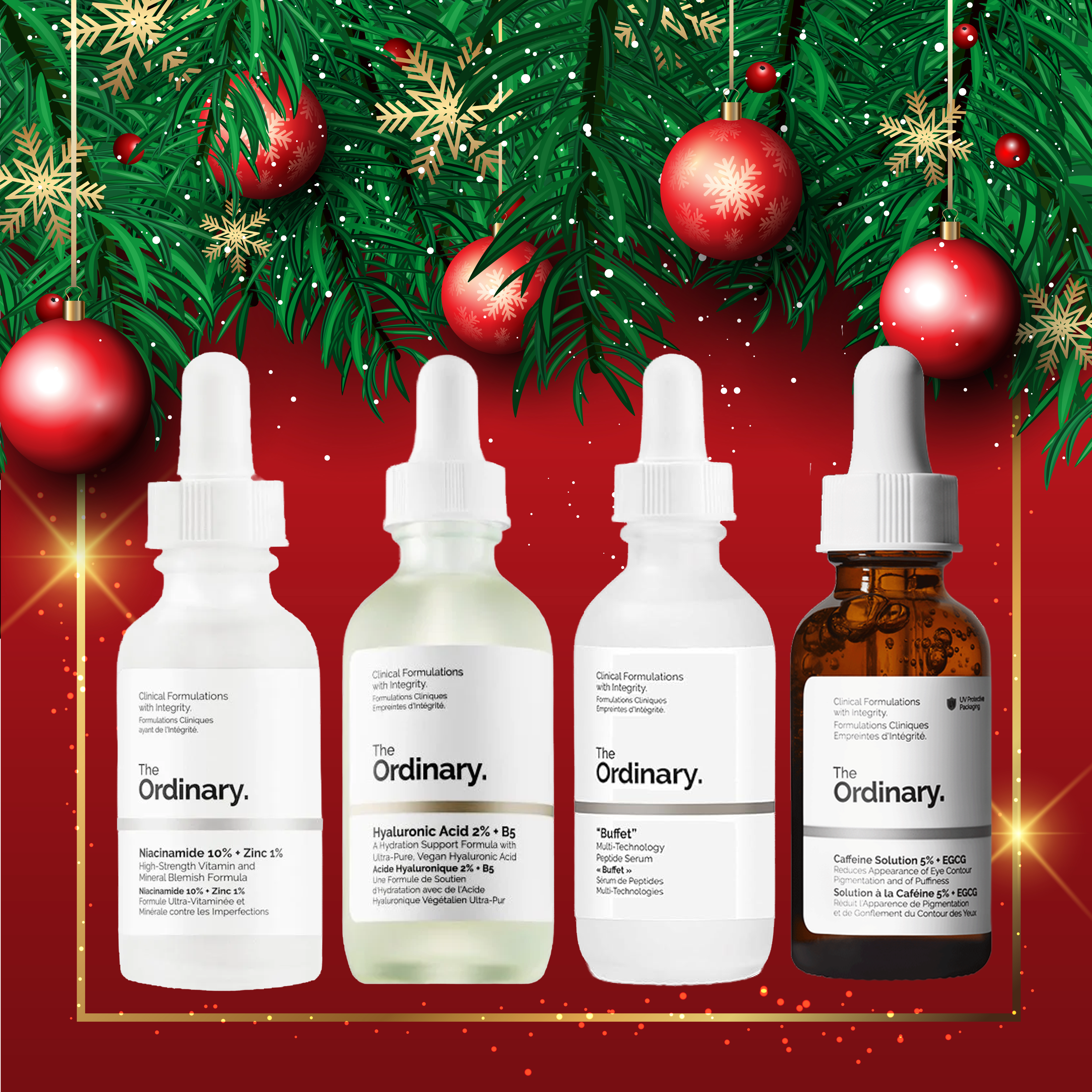 Combo The Ordinary – El Favorito de Diciembre (Niacinamide 10% + Zinc | Ácido Hialurónico 2% + B5 | Buffet | Cafeína + EGCG)