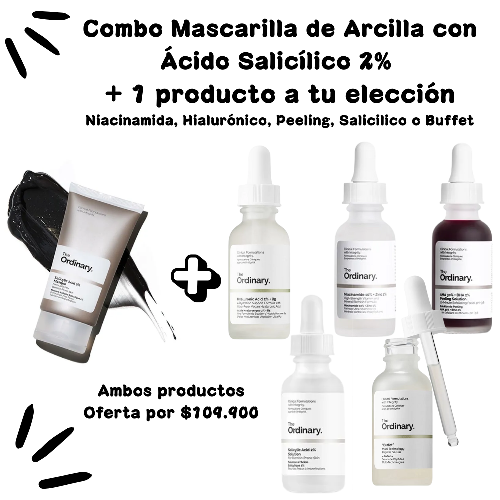 Combo Mascarilla de Arcilla con Ácido Salicílico 2% + 1 producto elegible The Ordinary (Niacinamida, Peeling Solution, Ácido Hialurónico, Ácido Salicilico o Buffet)