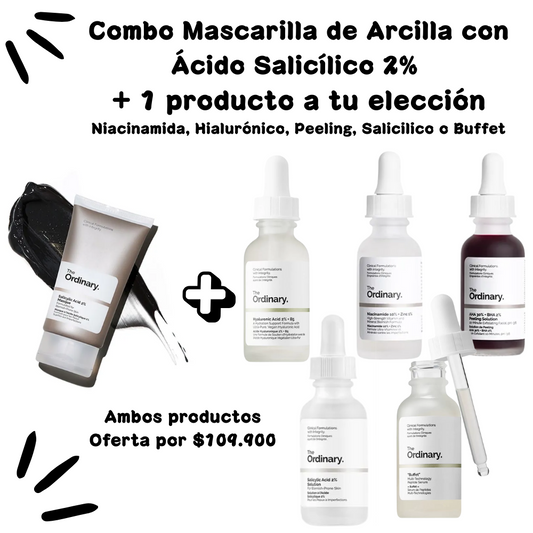 Combo Mascarilla de Arcilla con Ácido Salicílico 2% + 1 producto elegible The Ordinary (Niacinamida, Peeling Solution, Ácido Hialurónico, Ácido Salicilico o Buffet)