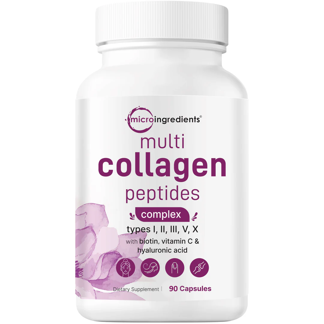 Microingredients Multi Collagen Peptides Complex – Tipos I, II, III, V, X con Biotina, Vitamina C y Ácido Hialurónico